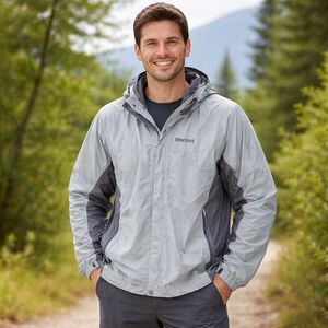 Marmot Rain Jacket Men’s XL Gray Packable Hood Waterproof Windbreaker Ripstop